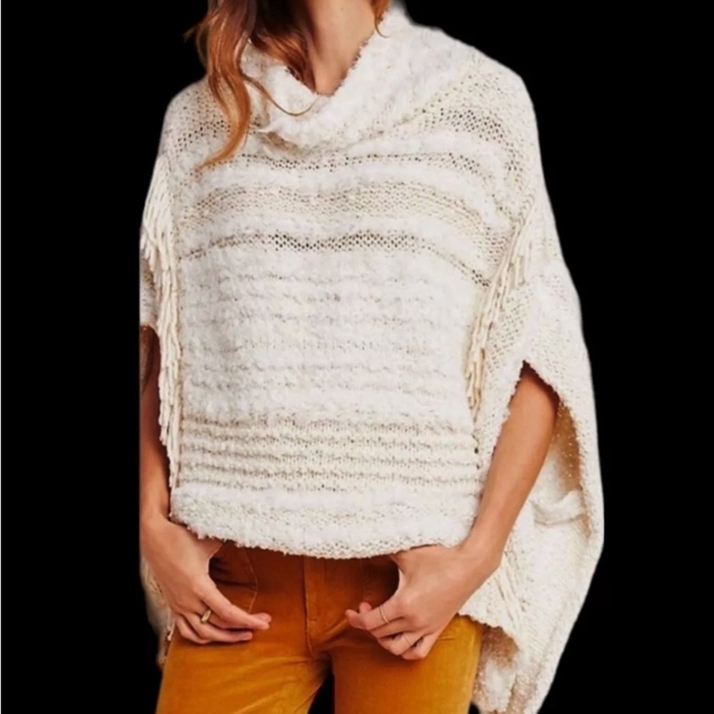 Anthropologie Fringed Boho Poncho XS Marilyn Cream Coverup Boho Side Buttons
